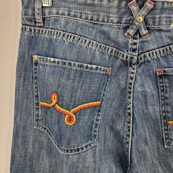 Vintage‎ High Waisted Sea Bead Embroidered Jeans 36 Blue Denim Rainbow Pockets
